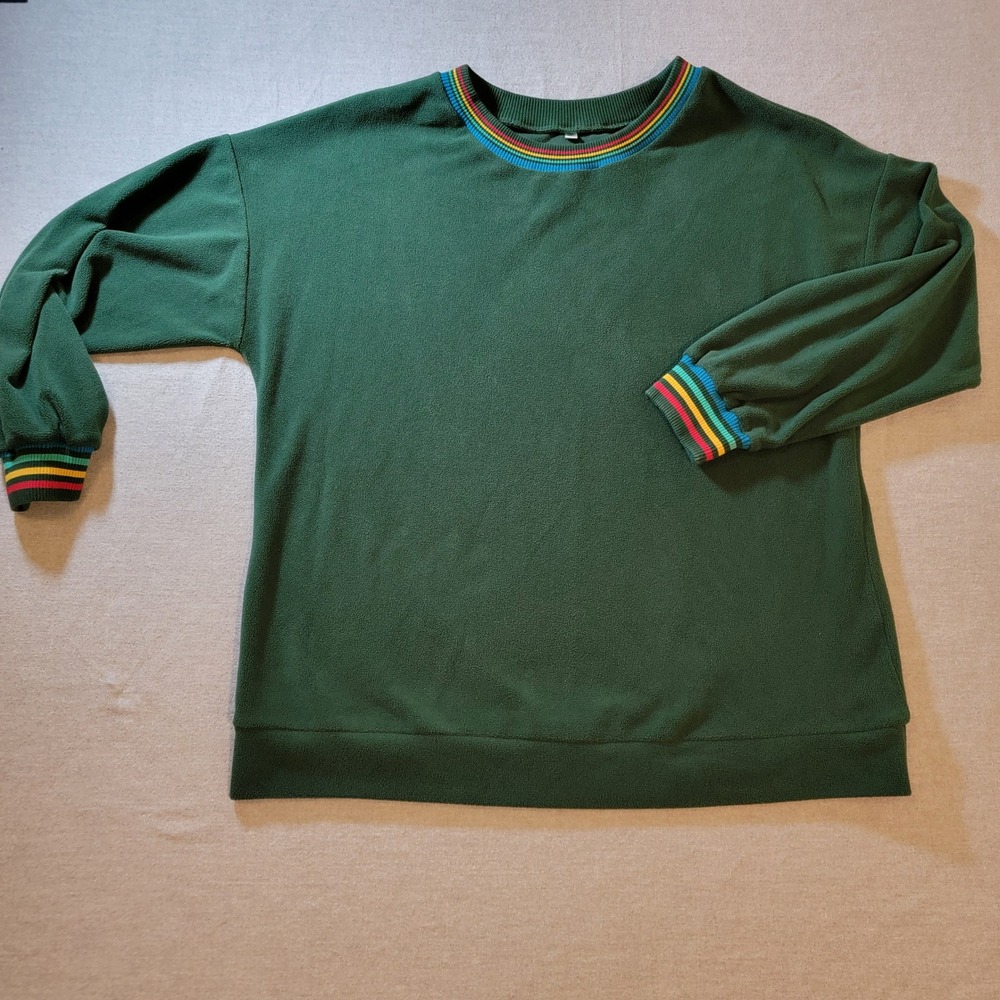 Vintage Fleece Sweatshirt Unisex XL Green Excellent Rainbow Striped Trim Retro